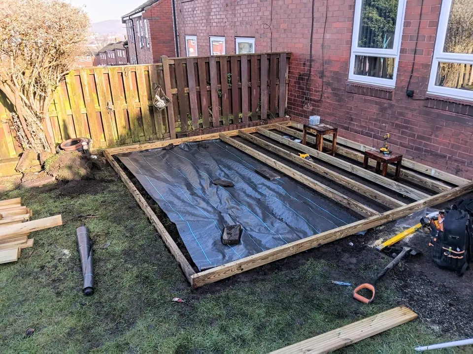 Treated timber deck joists over membrane before the boards are fitted